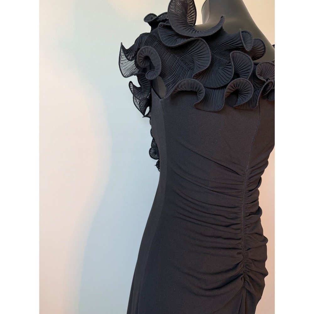 Xscape Womens 6 Black Pleated Ruffle Neck Gown Ruched Maxi Dress Formal Slit - Picture 11 of 16